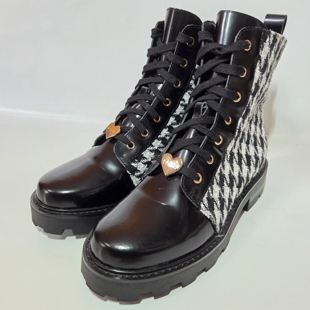 Karl Lagerfeld Paris Mela Everyday Patent Leather Houndstooth Combat Boot 7.5 - Picture 4 of 15